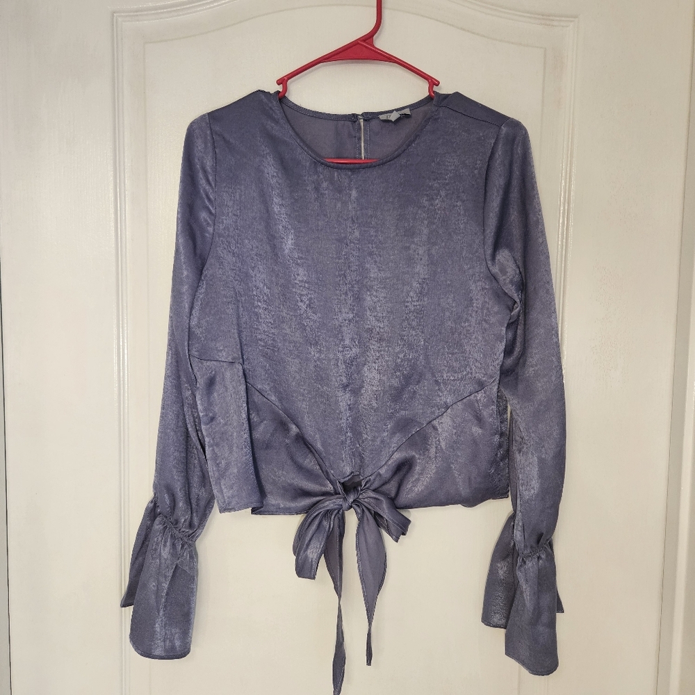 Abbeline Size Small flare cuff Long Sleeve blue metalic color top with tie